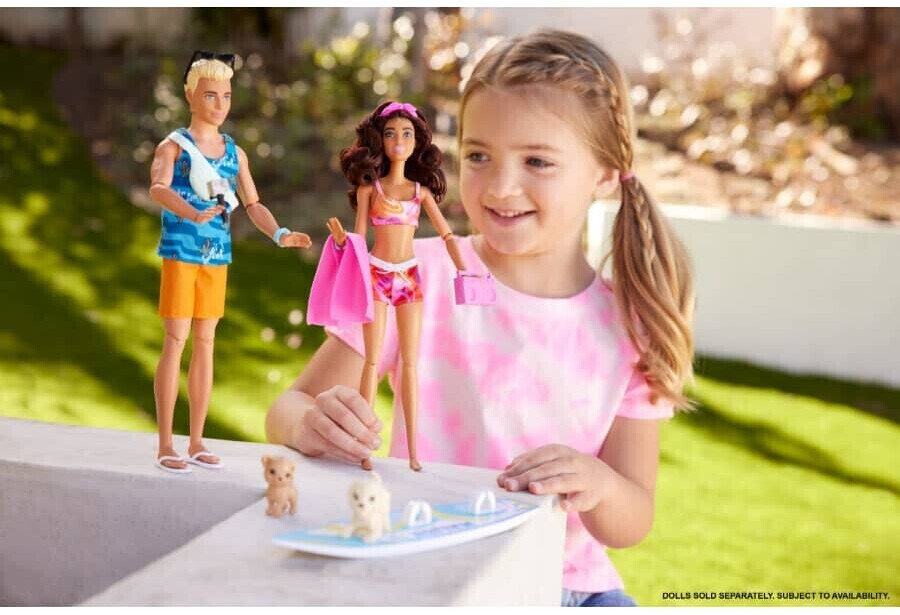 Barbie Doll With Surfboard And Puppy Poseable Brunette Beach Doll