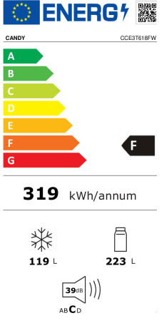 FRIGORIFERO COMBINATO 342 LT BIANCO NO FROST CL.F SMART 39 DB CANDY  CCE3T618FW