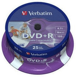 Verbatim DVD+R 4,7GB 120min 16x Wide Inkjet Printable ID Brand printable 25pk Spindle