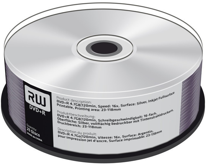 MediaRange DVD+R 4,7GO 120min 8x Silver imprimable cake box de 25 pièces