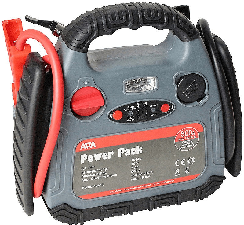 APA 16553 Starthilfe Power Pack, mit Kompressor, Arbeitsleuchte,  Energiestation, 12V, 7000mAh