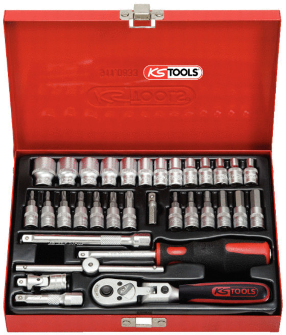 KS Tools 911.0650 1/2 Zoll Werkzeug-Satz | inklusive Umschaltknarre,  45-Zahn | matt satiniert | 50-tlg.