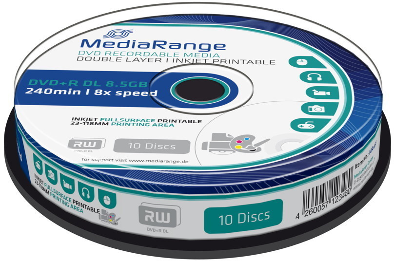 MediaRange DVD+R DL 8,5GO 240min 8x imprimable cake box de 10 pièces
