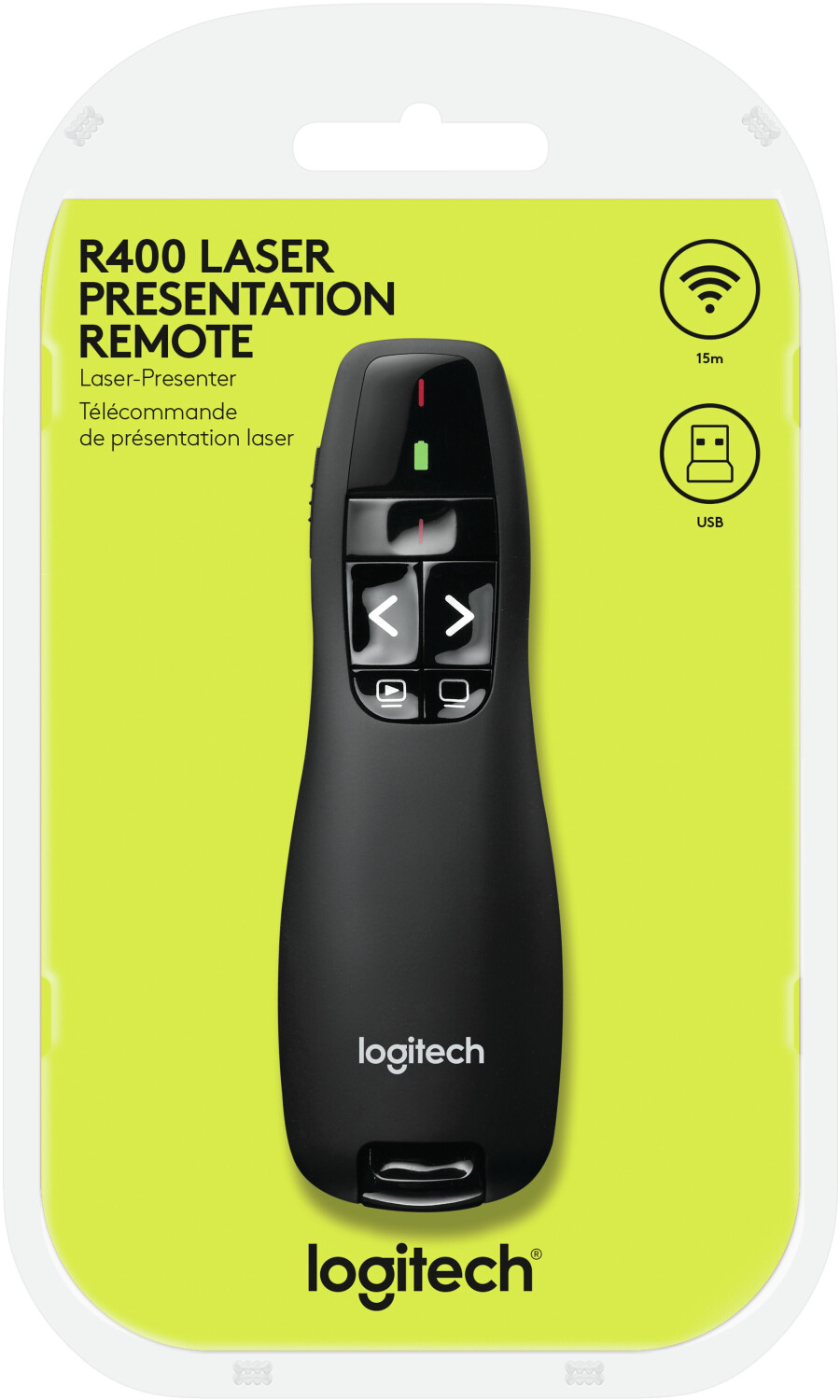 Logitech R400 Télécommande de Présentation sans Fil, 2,4 GHz/Récepteur USB,  Pointeur Laser Rouge, Portée de 15 Mètres, 6 Boutons, Commande Intuitive