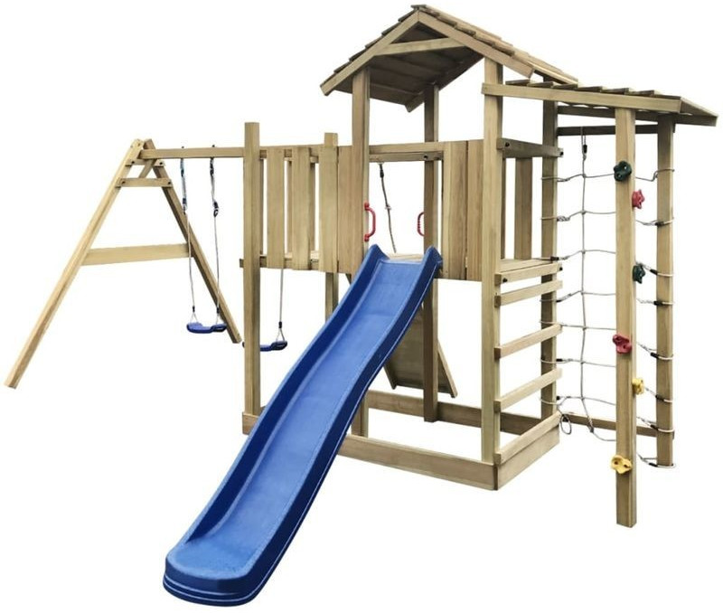 VidaXL Aire de jeu en bois, échelle, toboggan, balançoires 516 x 450 x 270 cm