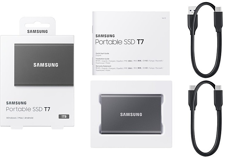 Samsung Portable SSD T7, 1 TB, USB 3.2 Gen.2, 1.050 MB/s Lesen, 1.000 MB/s  Schreiben, Externe SSD Festplatte für Mac, PC, Smartphone und Spielkonsole,  Grau, MU-PC1T0T/WW: : Computer & Zubehör