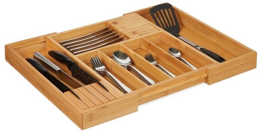 Relaxdays Cutlery Organiser extendable Bamboo H 5 x W 56 x D 43 cm natur