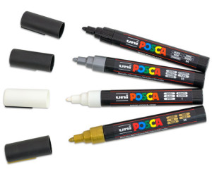 4 marqueurs, pointe conique, noir/doré/argenté/blanc, pointe moyenne  conique - pc5m Couleur Unique Posca 