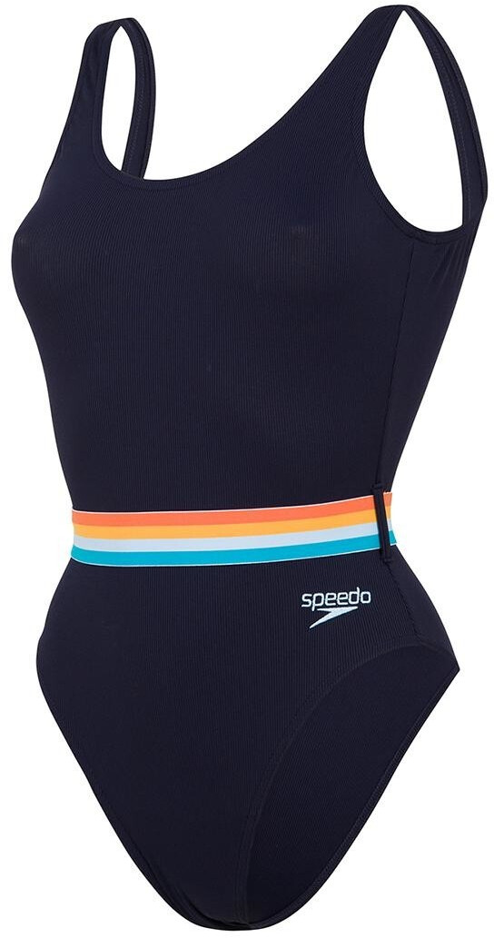 Speedo Belted Deep U Back 1 Piece Swimsuit True Navy Orange Fizz Mango