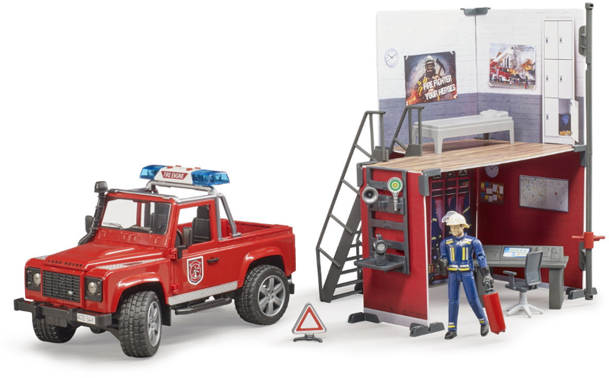 Bruder Feuerwehrstation mit Land Rover Defender und Feuerwehrmann