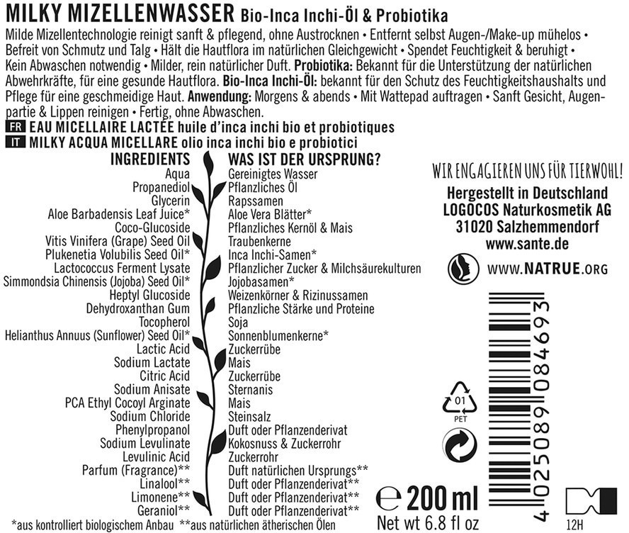 Sante Milky Mizellenwasser Bio-Inca Inchi-Öl & Probiotika (200ml) ab 7,49 €  | Preisvergleich bei | Gesichtswasser