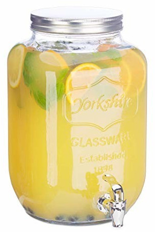 Relaxdays Beverage dispenser 8 l, glass, tap, retro juice dispenser gastro, vintage lemonade dispenser garden party, clear