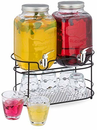 Relaxdays Beverage dispenser in a set of 2, water dispenser with stand, 6 drinking glasses, 4 liter glass with tap, transparent