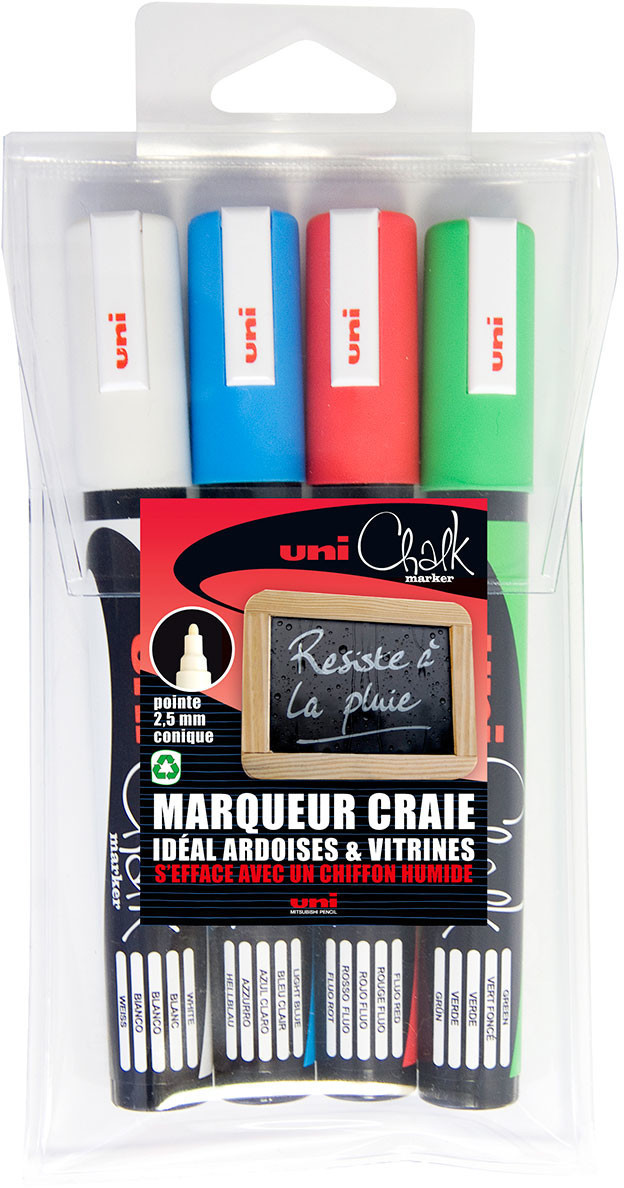 Uni Mitsubishi Pencil Chalk PWE-5M 4 pièces blanc/vert fluo/bleu clair/rouge