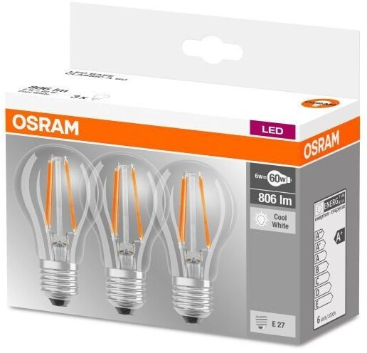 OSRAM LED Base Classic A / LED-lamp in bulb shape with E27-base / not  dimmable / replacement for 60 Watt / filament style clear / warm white -  2700