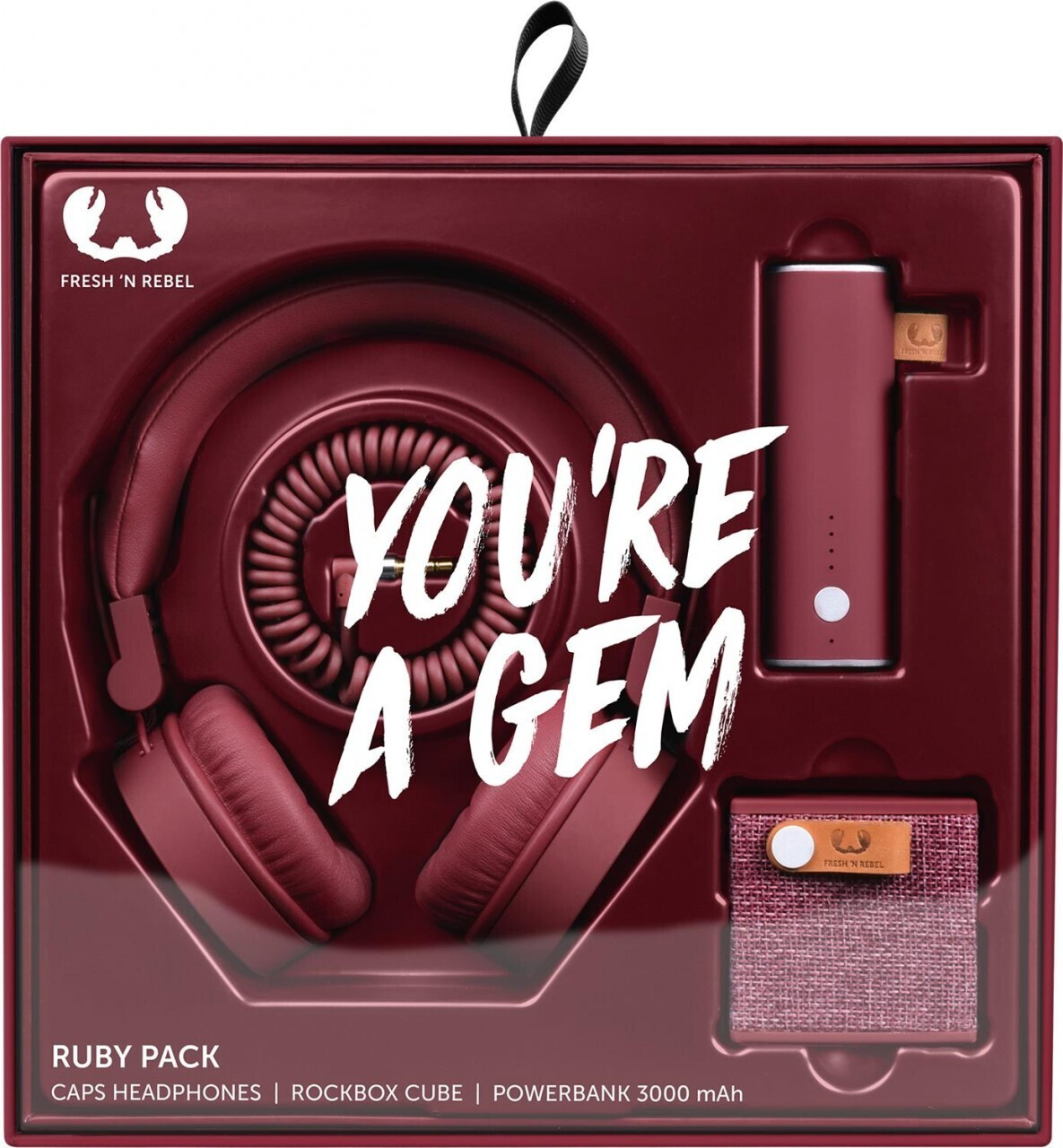 Fresh 'n Rebel Gift Pack Rockbox Cube + Caps + 3000mAh Powerbank (Ruby)