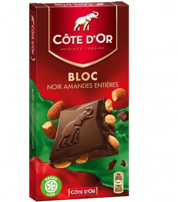 Promotion Côte d'Or Chocolat bloc noir amandes entières, Lot de 2x180g