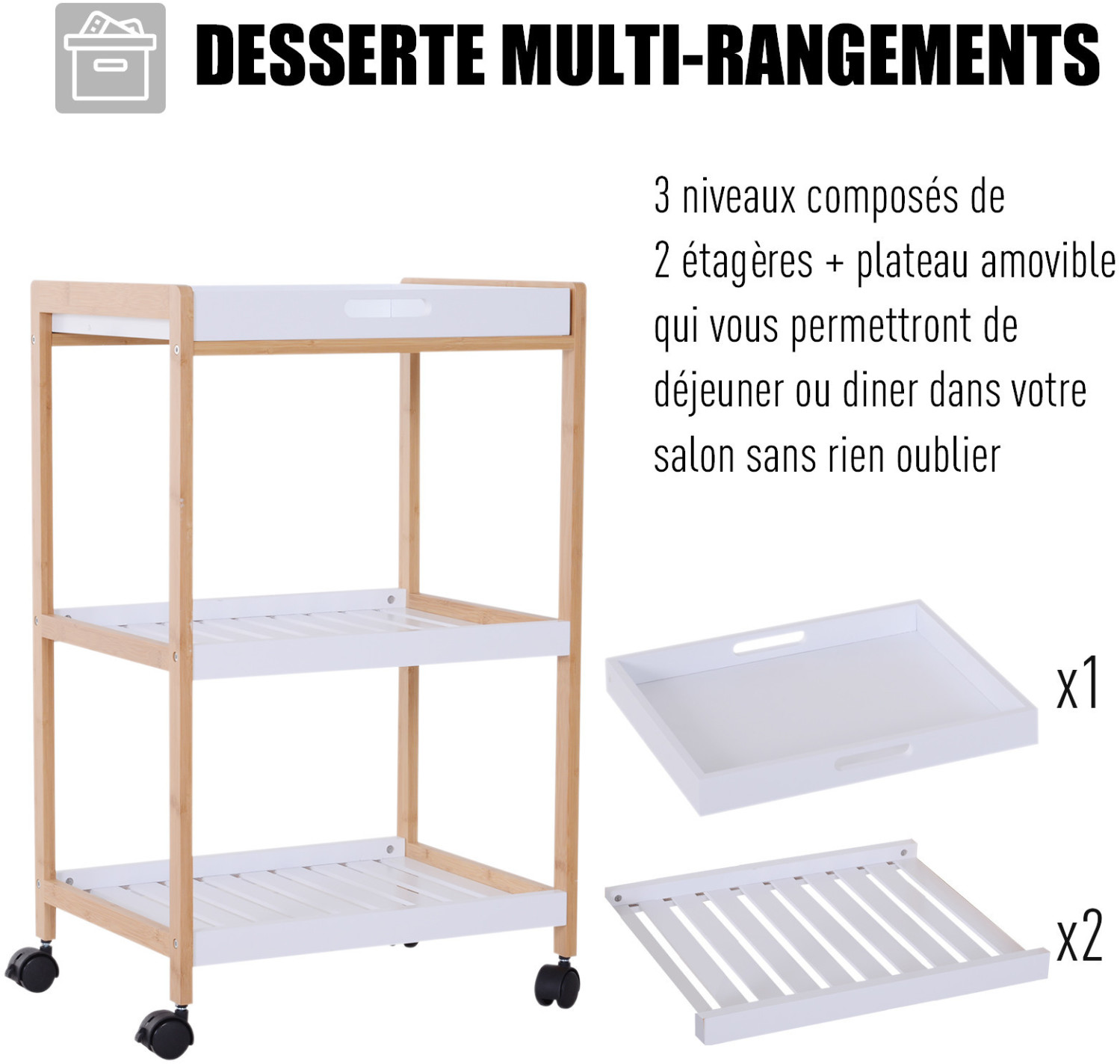 Serving Trolley Removable Tray White and Wood ab 49