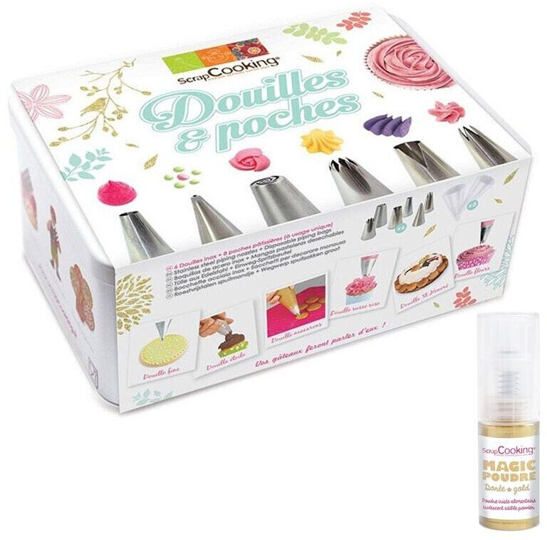 ScrapCooking Pastry box 6 stainless steel piping nozzles and piping bags + golden food powder