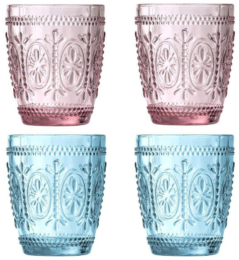 Premier Housewares Fleur Glass drinking glass, set of 4, 280ml, 2 pink, 2 blue