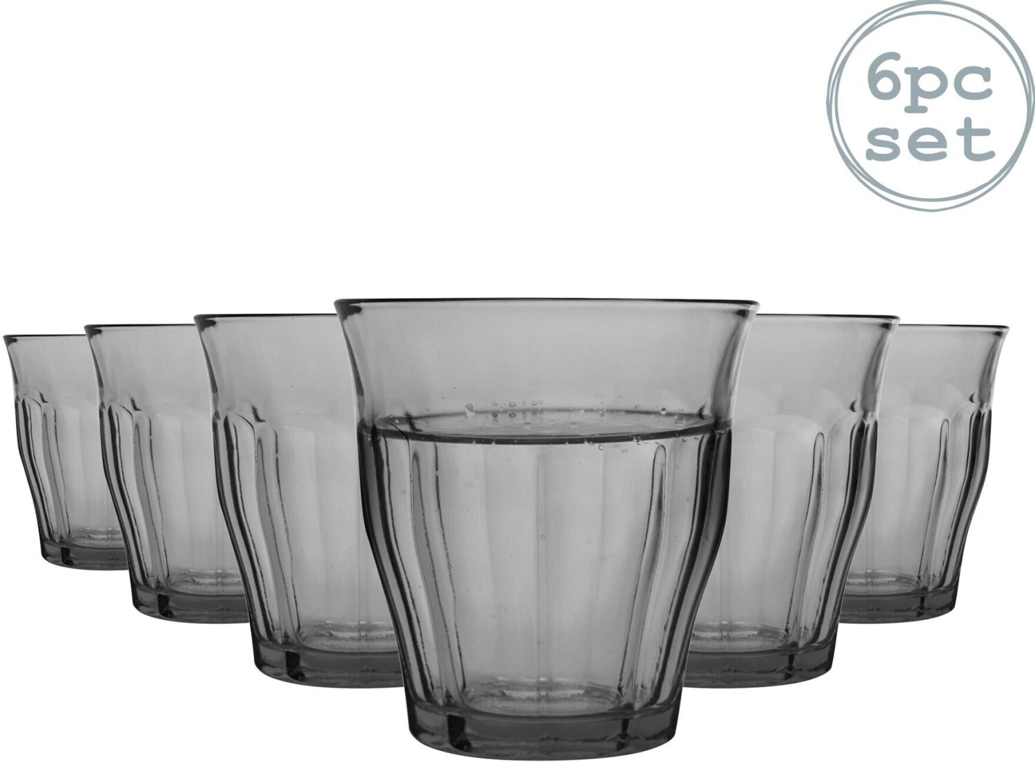 Duralex 6 Pieces Picardy Drinking Tumbler Glass Set Tempered Glass Drinking Glasses for Water, Juice, Whiskey Gray 250ml