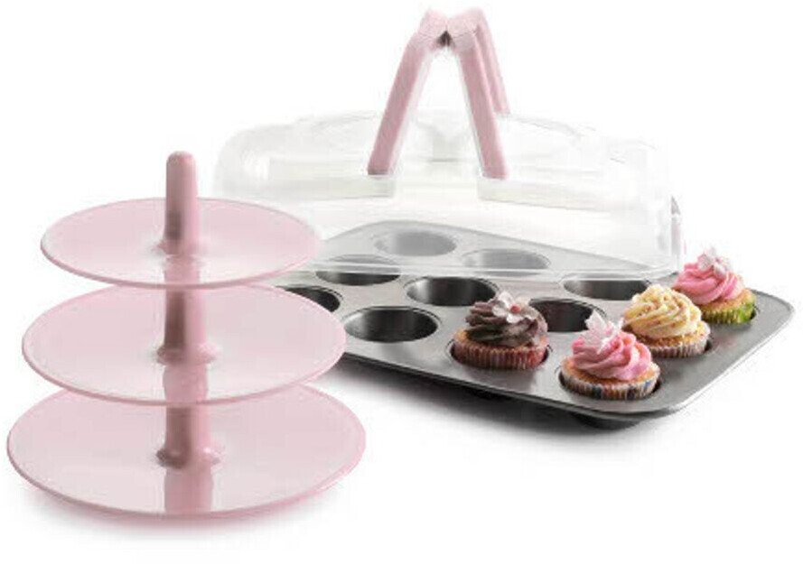 ibili Muffin pan 12 with lid and stand, plastic, black / pink / transparent, 37 x 29 x 10 cm, 3 units