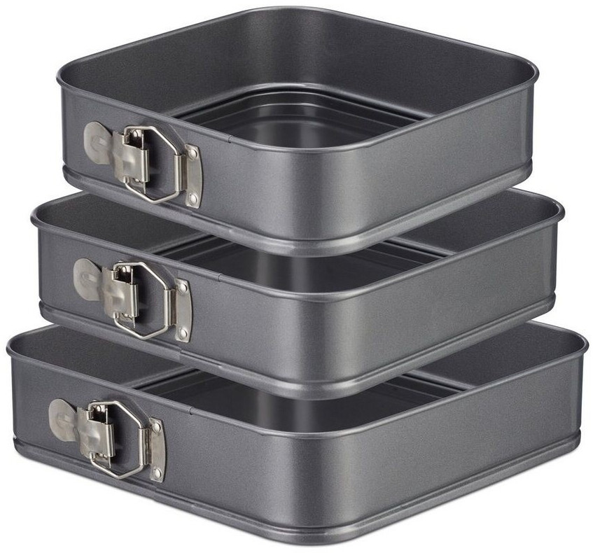 Relaxdays Springform pan, square set of 3, non-stick coated, square cake pan, carbon steel, 24, 26 & 28 cm, anthracite
