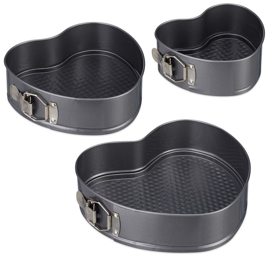 Relaxdays Heart baking pan set of 3, romantic cakes & tarts, 3 sizes, non-stick, springform pan, carbon steel, anthracite