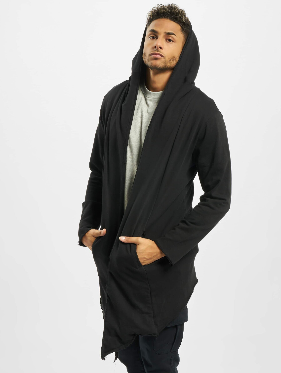 Mens long top black hooded cardigan