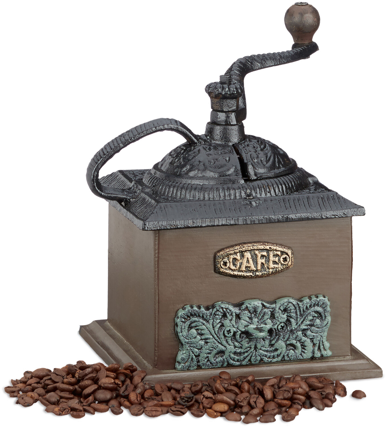 Relaxdays Coffee grinder decoration vintage, wood, cast iron, hand crank, drawer, H x W x D: 20 x 20 x 15 cm, dark brown