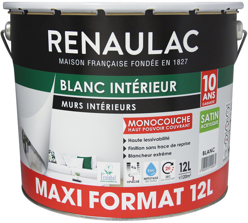 Renaulac Peinture murale monocouche satin blanc extrême 12 L