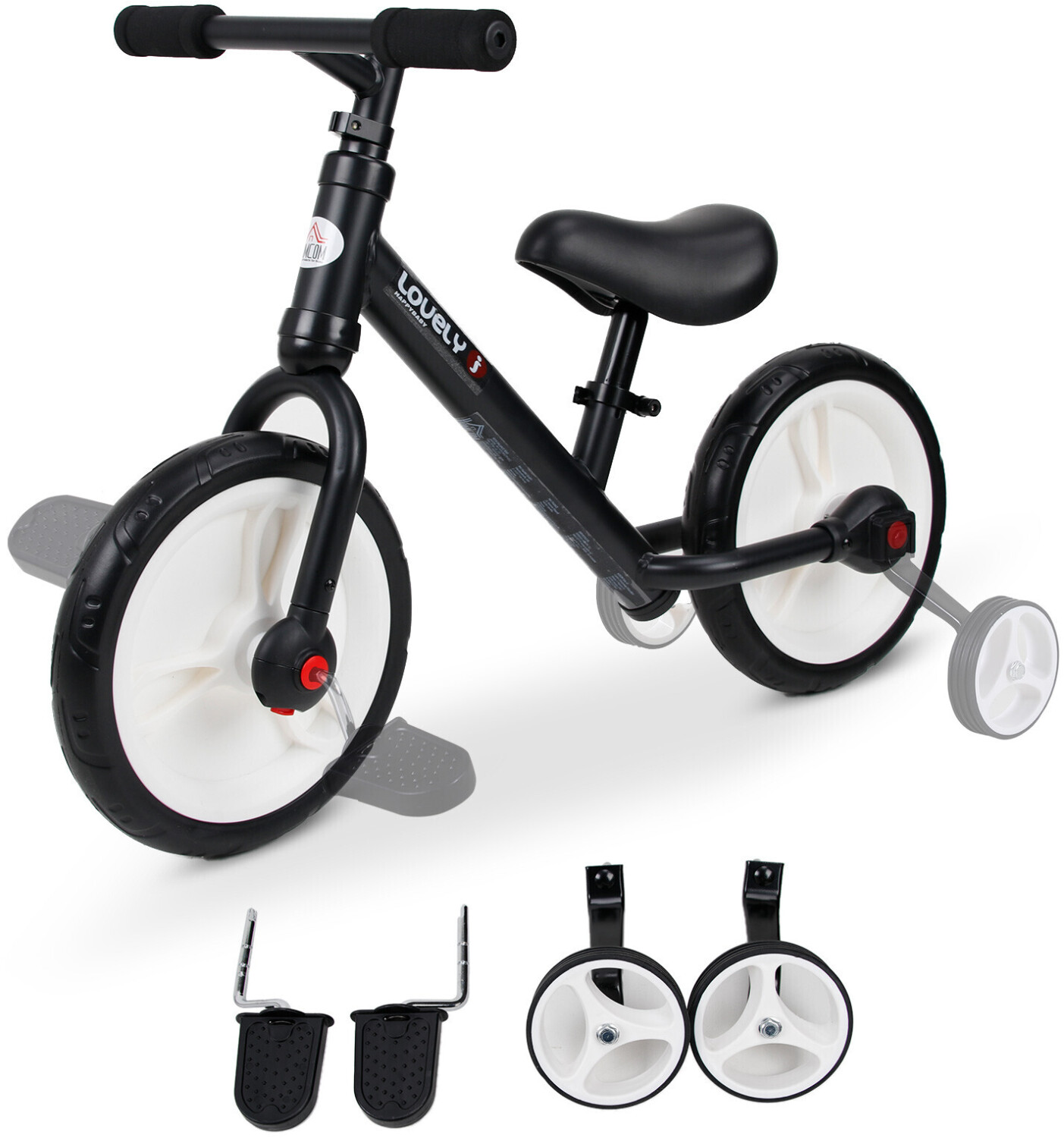 HomCom Draisienne 2 en 1 avec roulettes amovibles noir (370-091BK)