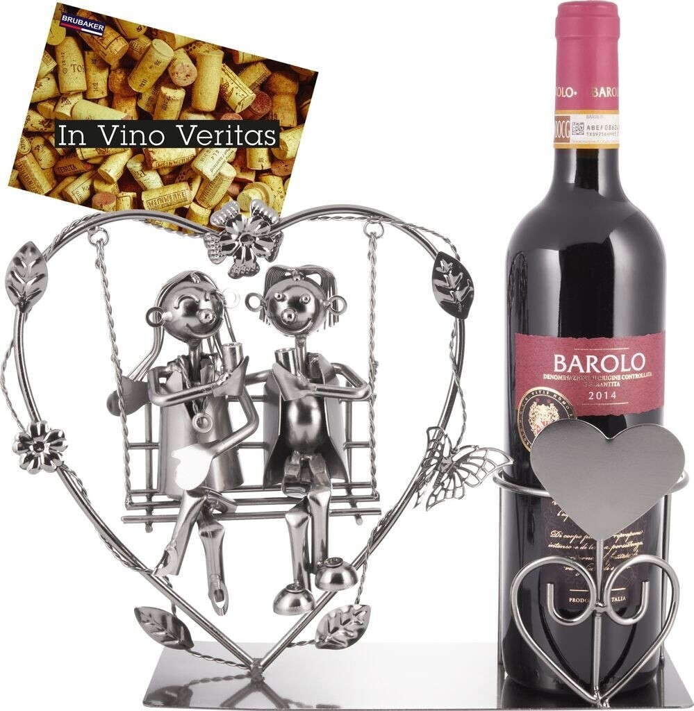 Brubaker Wine bottle holder heart with lovers on a swing - romantic metal bottle stand - couple gift or decorative object - with greeting card