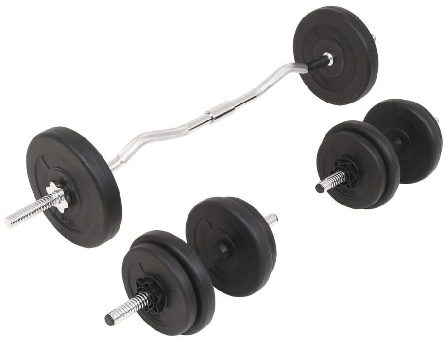 Kit Haltères Réglables 15 Kg SPORTNOW 3-en-1 – Barre Droite + Barre EZ + Haltères – Plaques Plastique Remplies De Sable