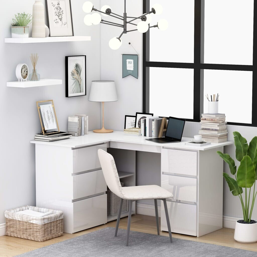 VidaXL Bureau d'angle avec tiroirs blanc brillant