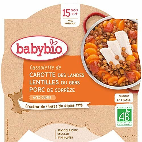 Babybio Menus - Cassolette de carotte, lentilles et porc (260 g)