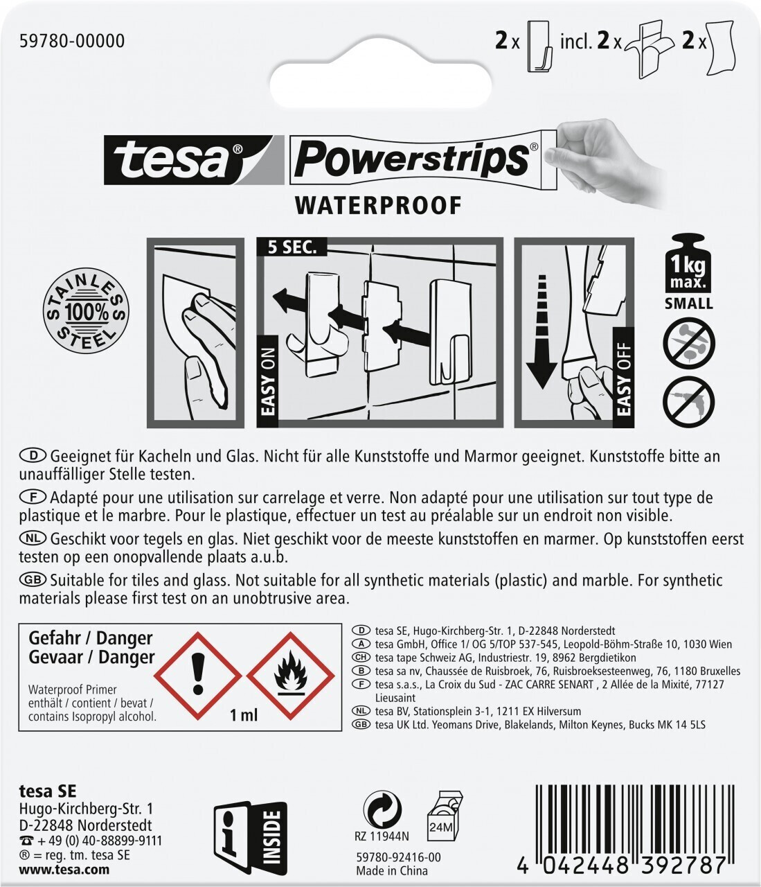 Tesa Klebehaken 59780 Powerstrips Waterproof Eckig, Small, 1kg