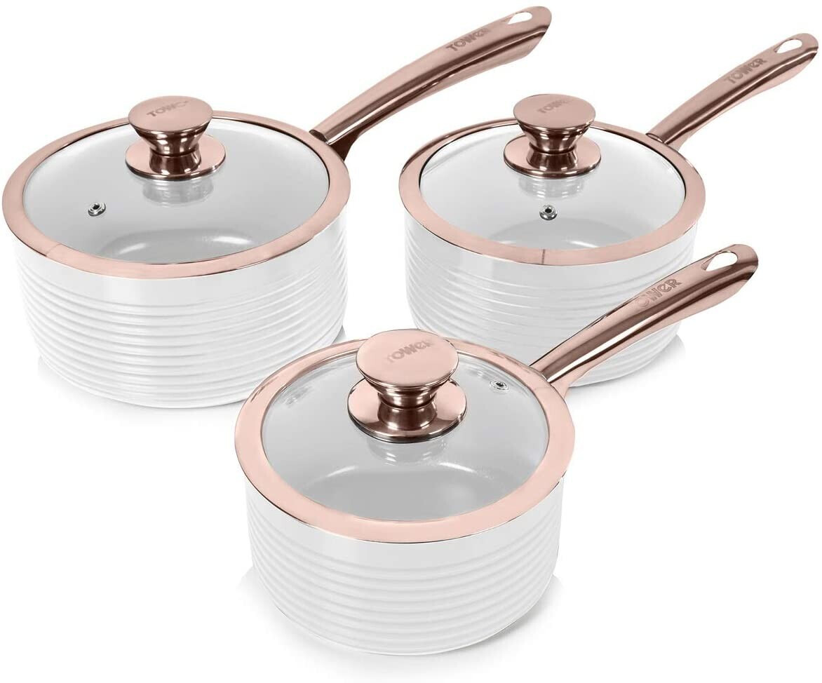 Tower Linear Induction Saucepan Set Ceramic White  and Rose Gold