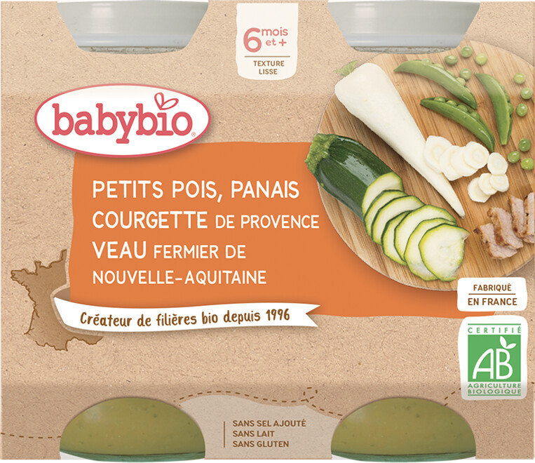Babybio Menus - Petits pois, panais, courgette et veau (2x200 g)