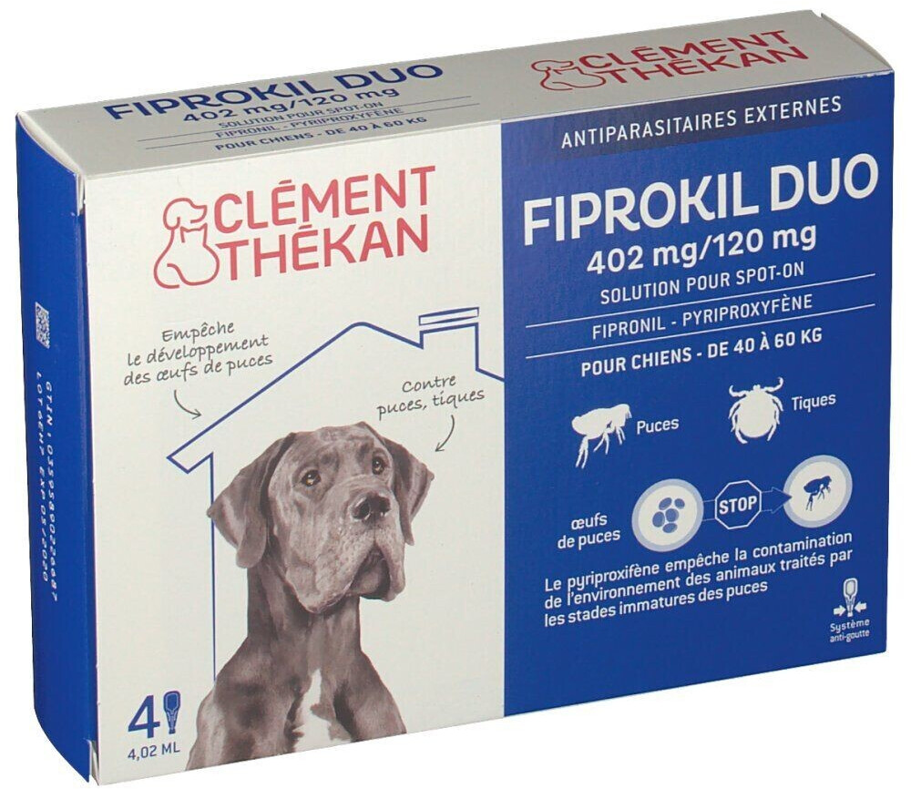 Clément Thékan Fiprokil Duo 402 mg / 120 mg Spot-on très grand chien 40-60 kg 4 pipettes