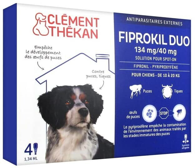 Clément Thékan Fiprokil Duo 134 mg / 40 mg Spot-on chien moyen 10-20 kg (4 pipettes)