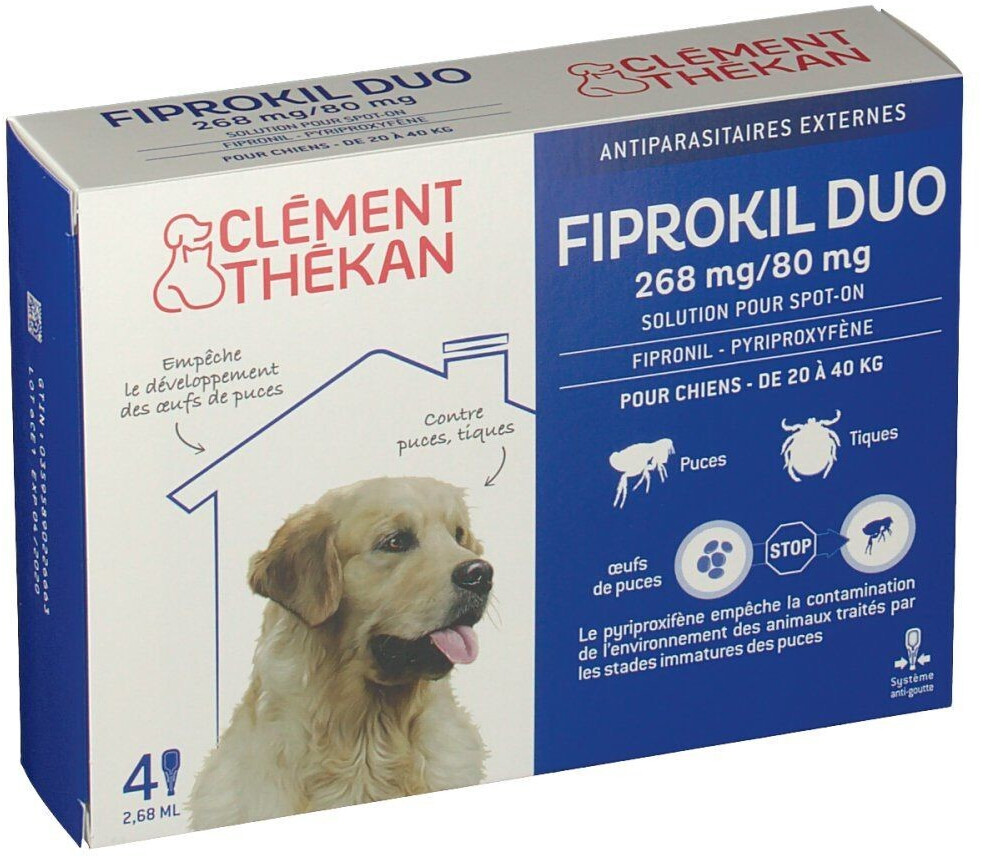 Clément Thékan Fiprokil Duo 268 mg / 80 mg Spot-on grand chien 20-40 kg 4 pipettes
