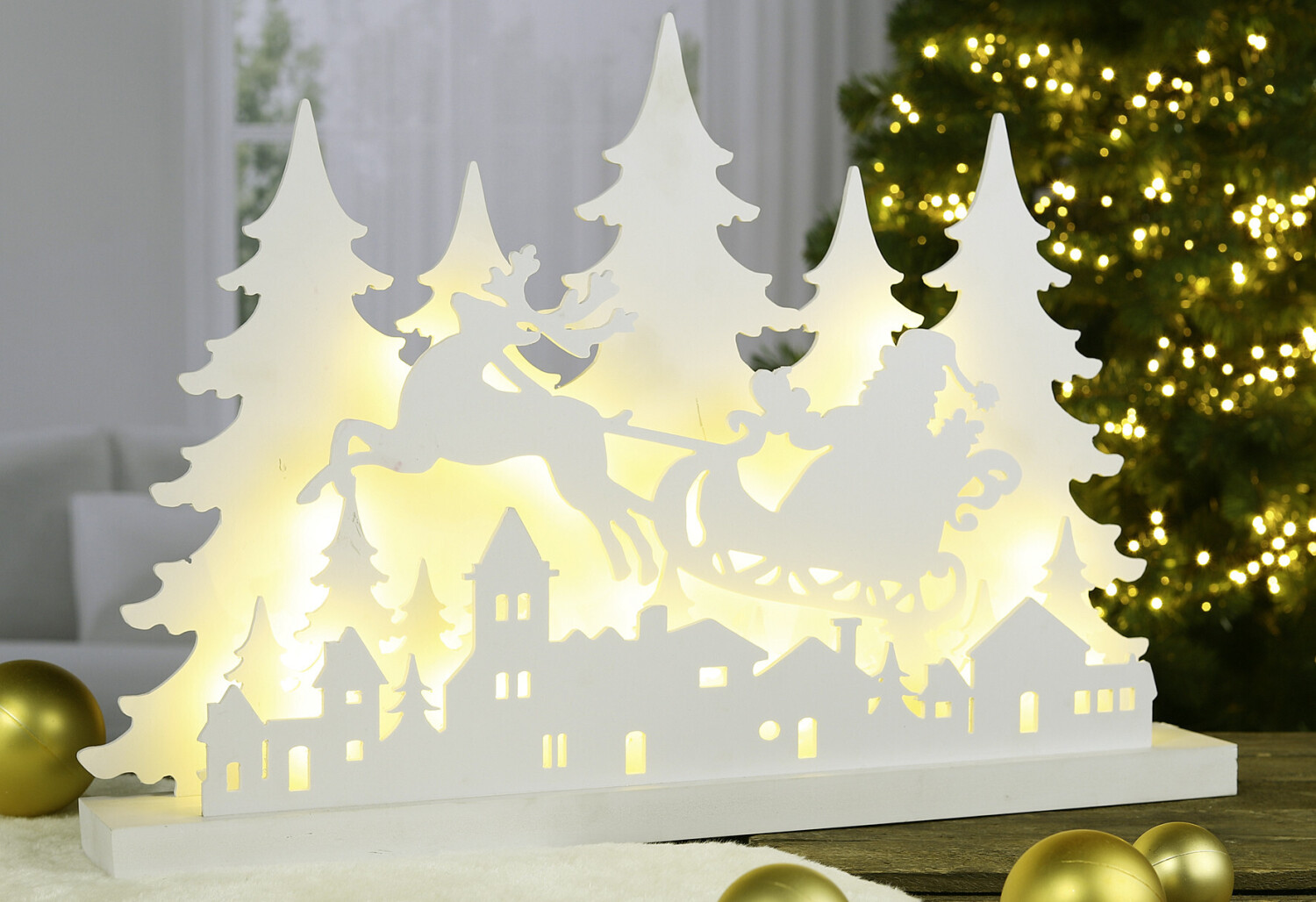Haushalt International Weihnachtsdorf ab € bei Rentierschlitten | 60x40,5cm Preisvergleich 34,99 mit LED-Holzsilhouette