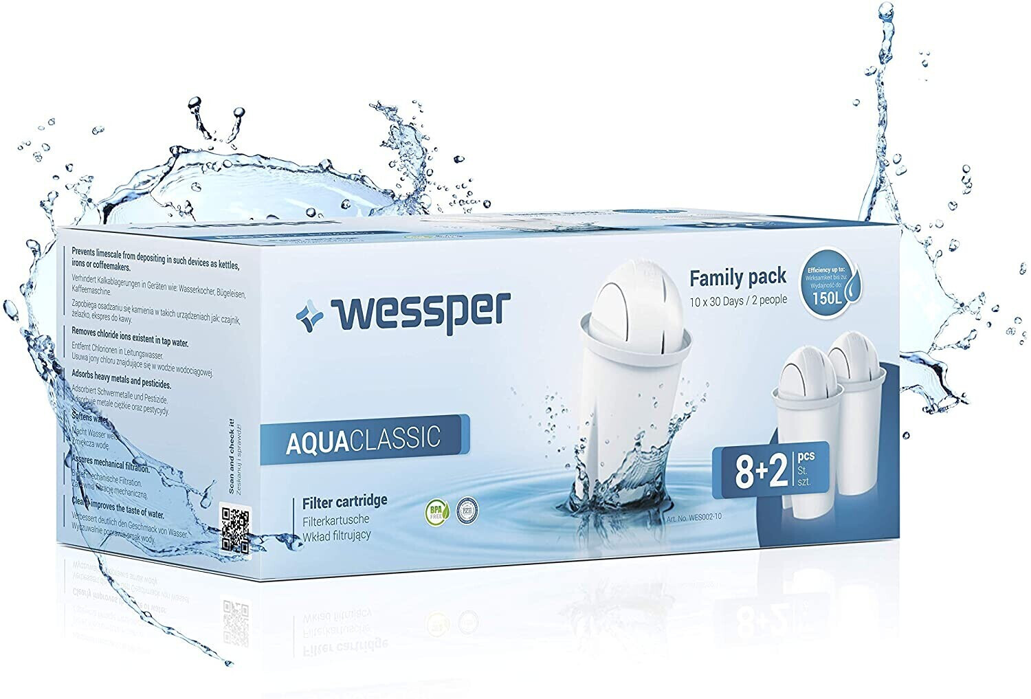 Wessper AquaClassic Cartouche Filtrante pour Carafe - Compatible avec BRITA  Classic, Dafi Classic, PearlCo (Lot de 10)