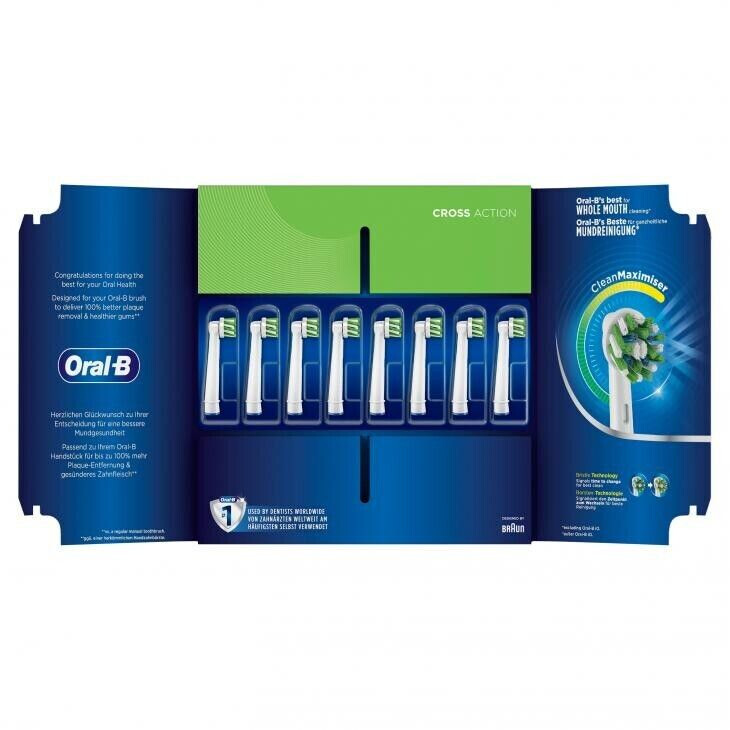 Oral-B CrossAction Cabezales de Recambio, Pack de 8 Recambios Negros  Originales con tecnología CleanMaximiser para Cepillos de Dientes Eléctricos