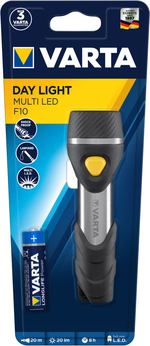 VARTA Lampe Torche avec 5 LED incl. 1x pile AA, Day Light Multi LED F10,  lampe de poche à pendentif, lumière idéale pour la maison, la pêche, les  urgences, les pannes de