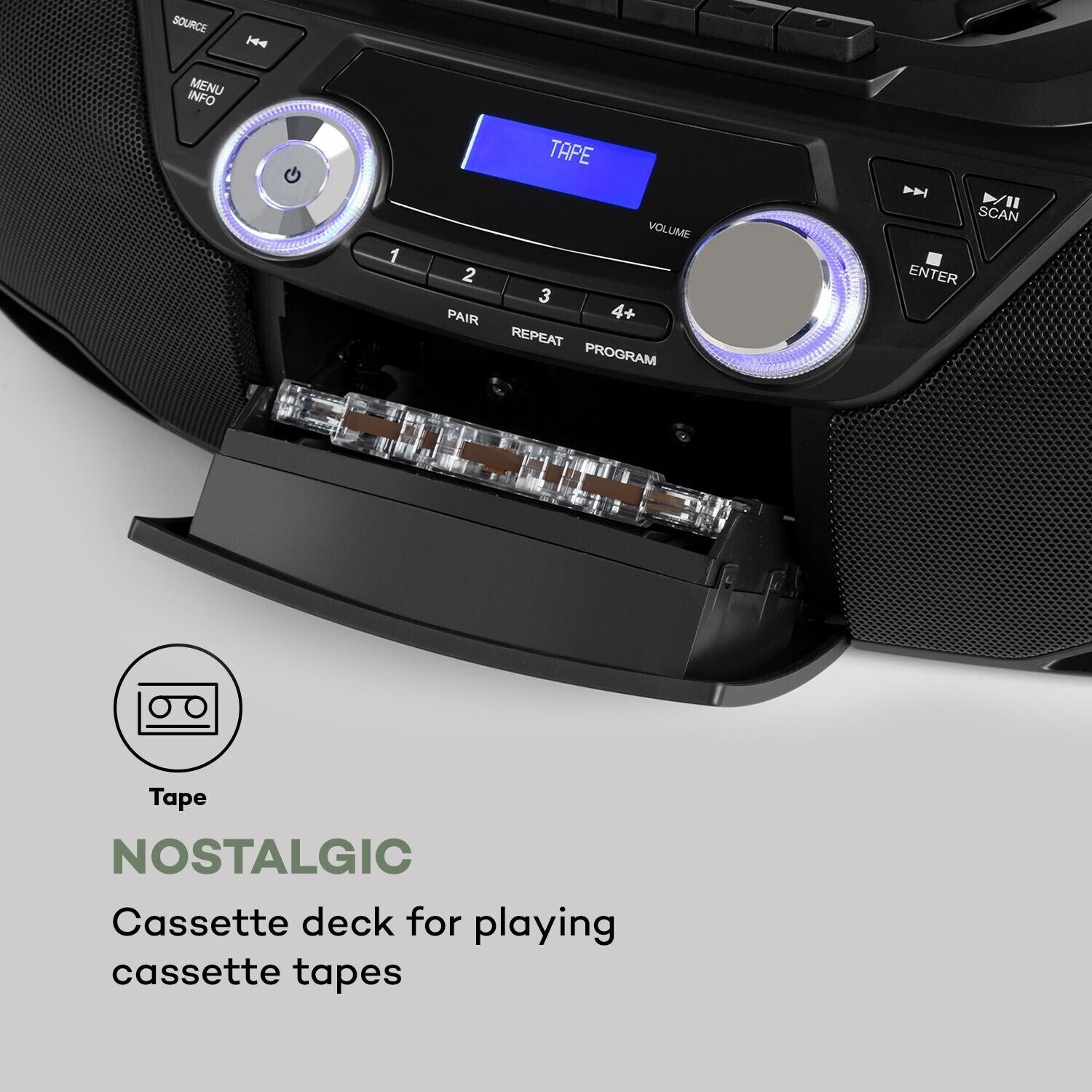 Boombox AUNA Roadie 2K – Lecteur CD, Radio DAB+/FM, Cassette, Bluetooth – Compact, Secteur Ou Piles, Port USB