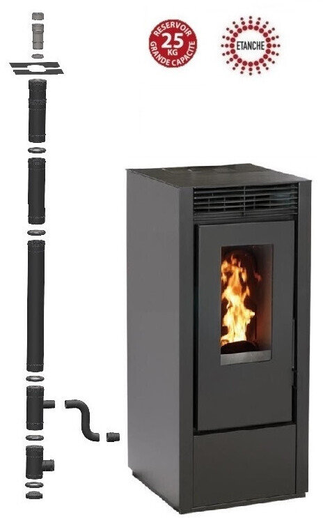 Interstoves Marina 14 kW étanche avec kit conduit double flux intérieur vertical avant tubage 80/125, noir