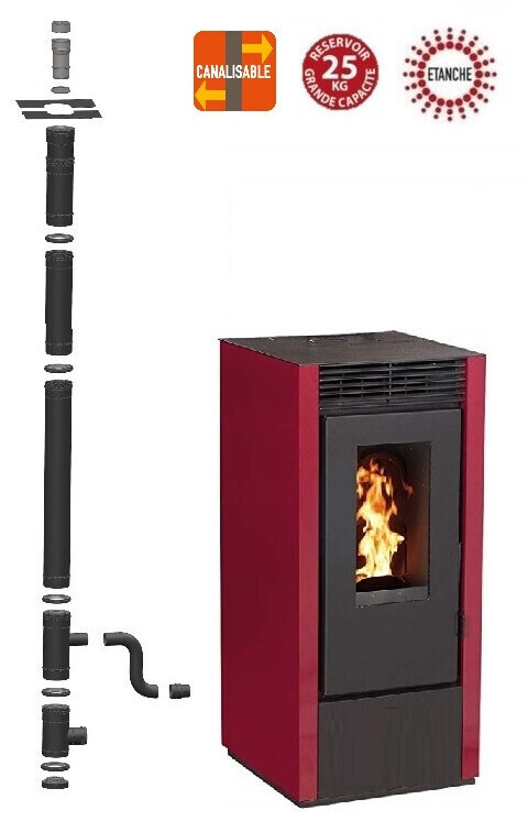 Interstoves Marina 14 kW étanche canalisable avec kit conduit double flux intérieur vertical avant tubage 100/150, bordeaux
