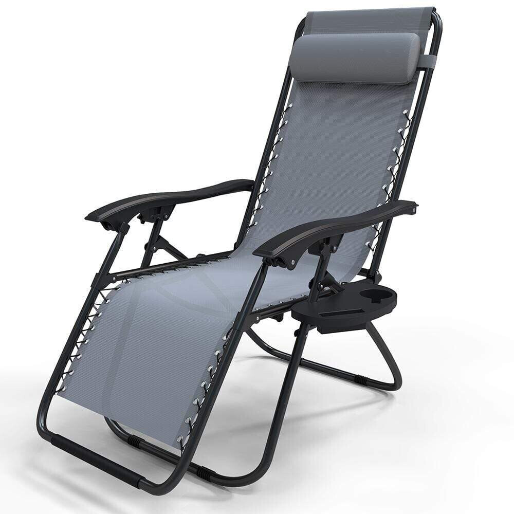 Vounot Chaise longue en textilene avec porte gobelet et portable gris